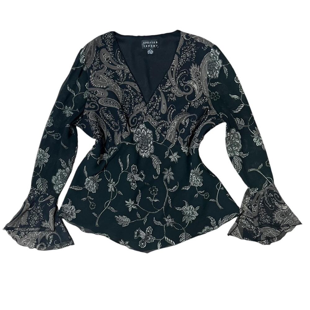 VTG 90s Spenser Jeremy Black & Brown Paisley Patchwork Silk Bell Sleeve Top 14/L